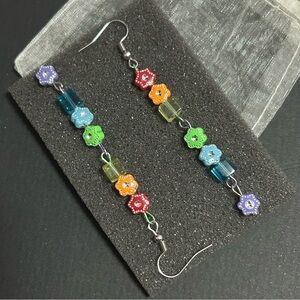 Beaded Earrings Rainbow Floral Colorful Statement Handmade Jewelry